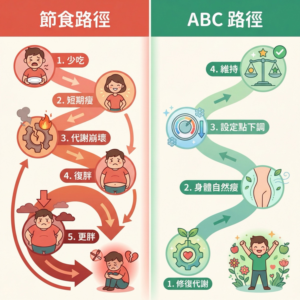 節食 vs ABC 代謝重建的路徑對比